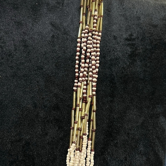 Multi Strand Woven & Beaded Long Necklace Red White & Gold - Picture 3 of 4